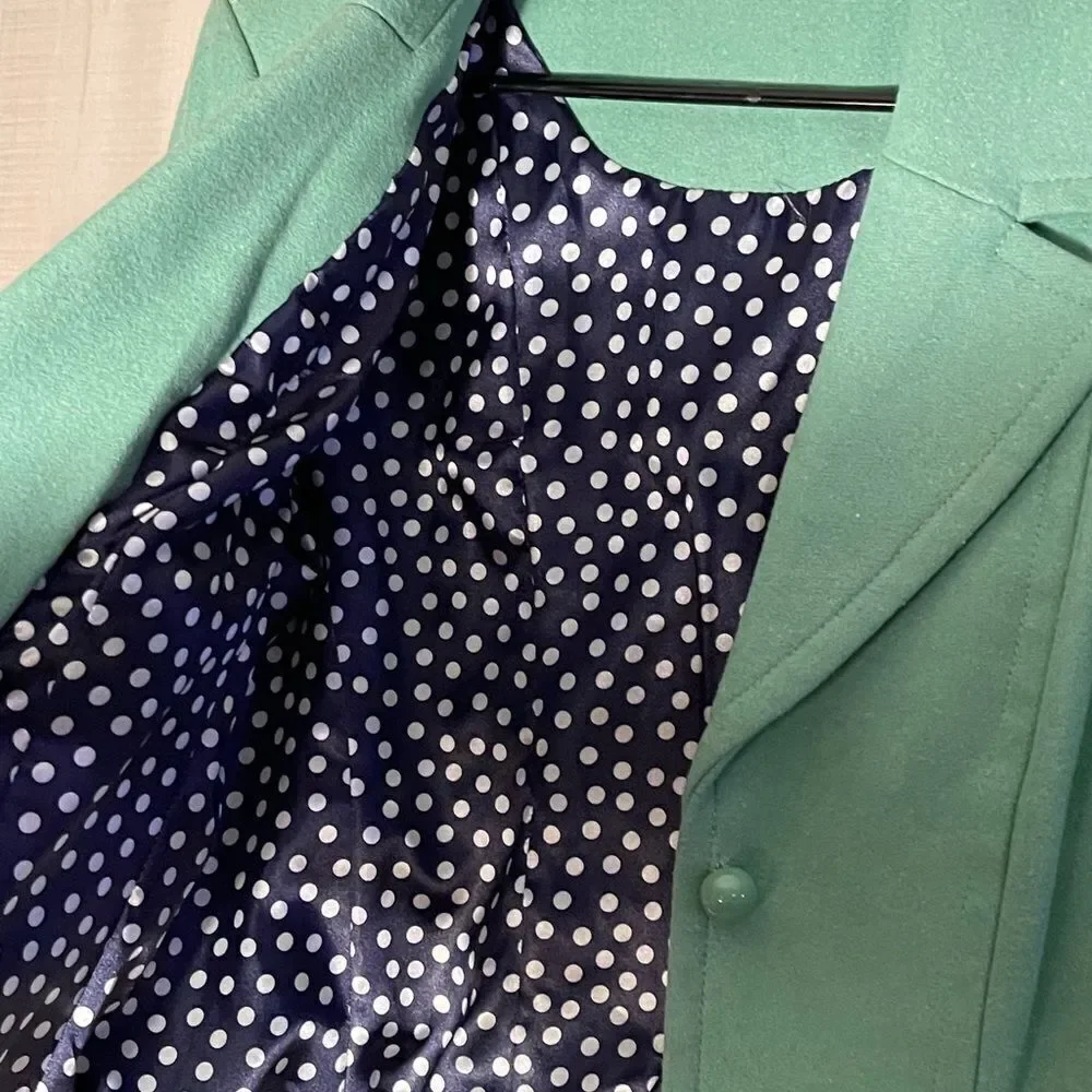 CABi green wool jacket blazer with navy polka dot‎ lining, size medium